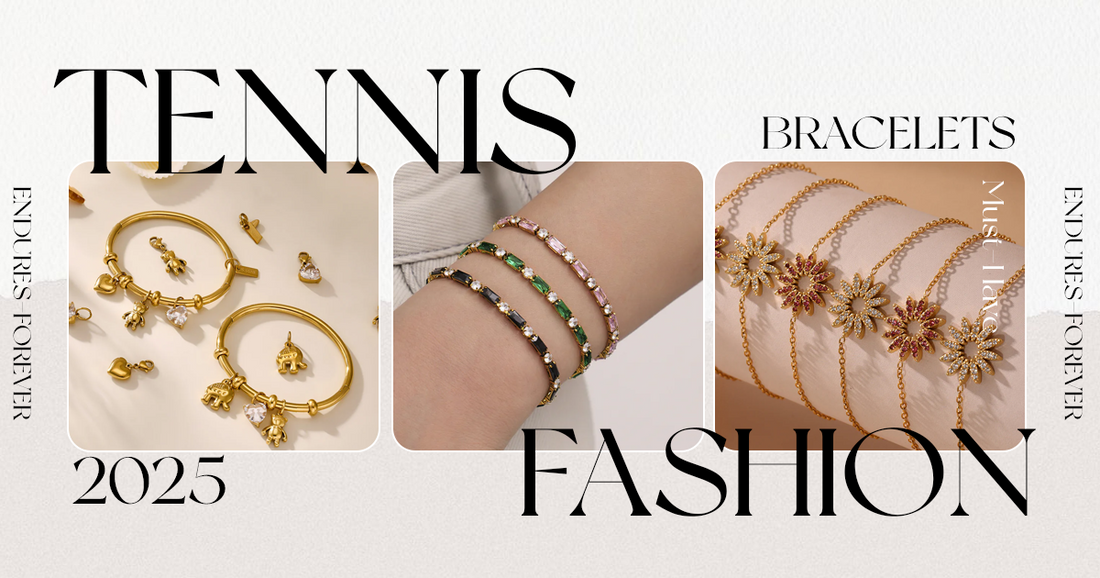Promotional banner featuring stainless steel tennis bracelets with bold text: “Why Stainless Steel Tennis Bracelets Are a Must-Have in 2025 Fashion Trends