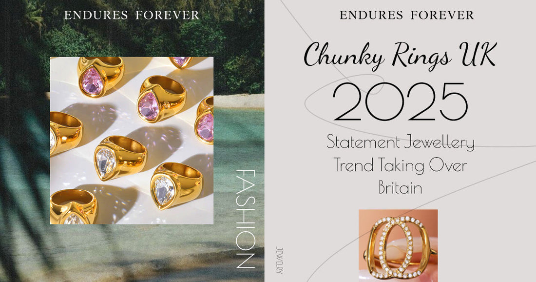 Split-layout poster showing gold gemstone rings with 'Trend Taking Over Britain' headline and finger close-up, presenting ENDURES FOREVER's trend forecast
