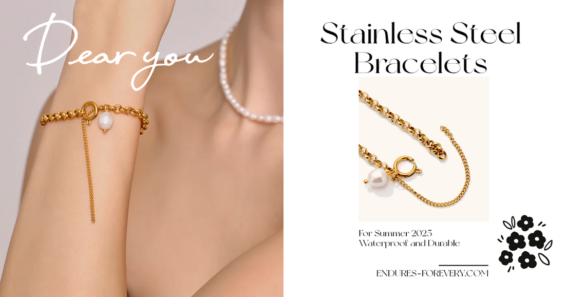Endures Forever pearl-accented gold stainless steel bracelet on model, with product close-up showing spring clasp and extension chain
