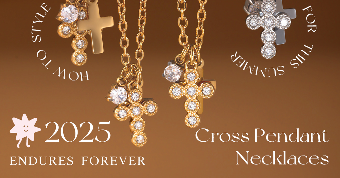 Summer 2025 cross pendant necklace styling guide graphic with 'HOW TO STYLE' text, showing gold and silver designs for beach trips or casual outfits.