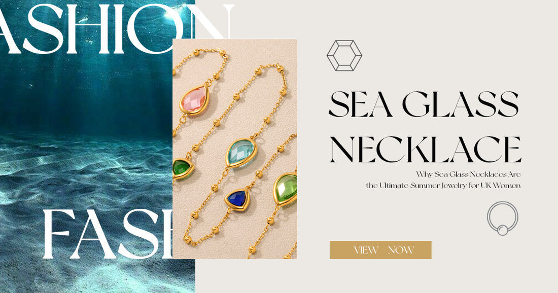 vibrant sea glass necklaces poster with summer beach backdrop uk style