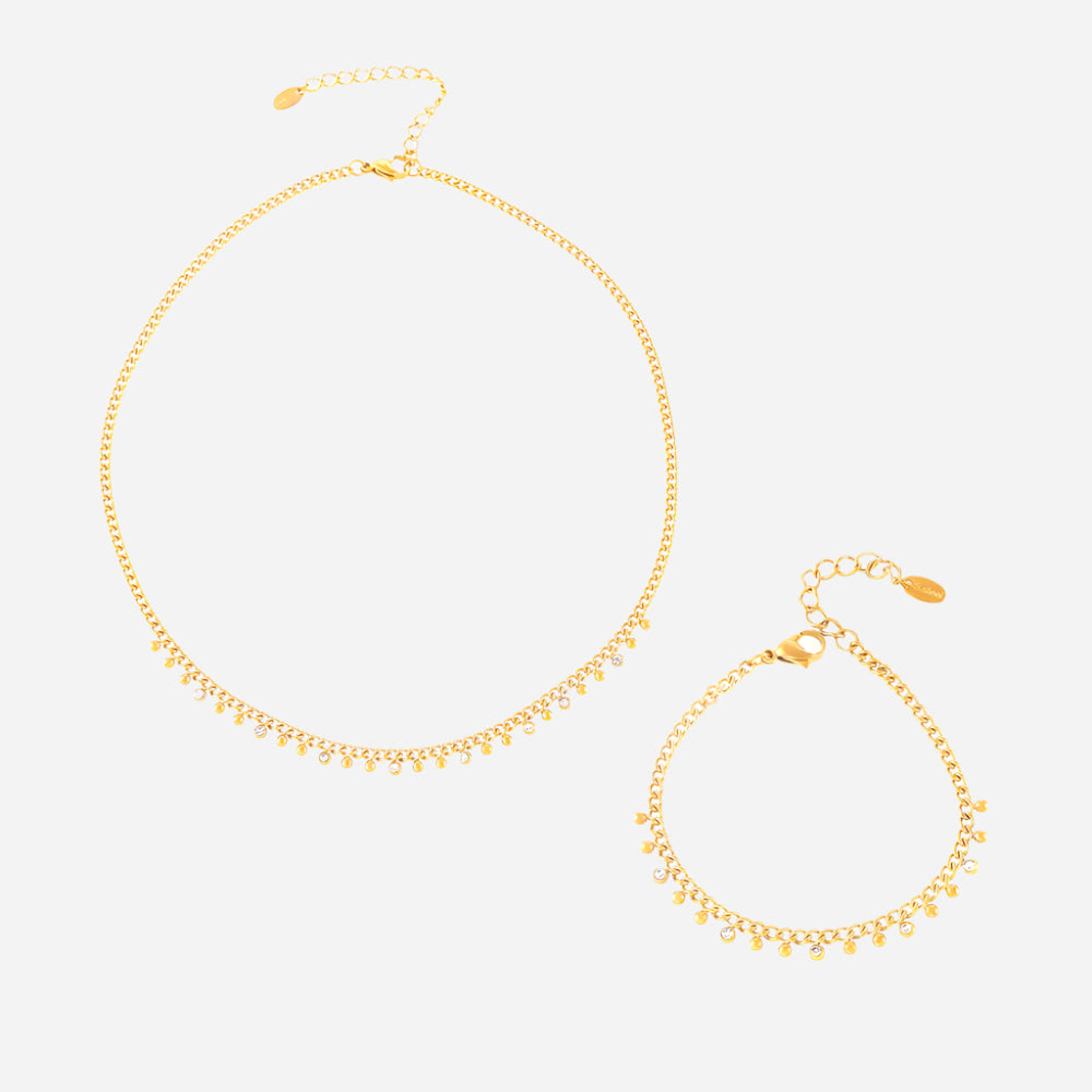 Gold beaded necklace and bracelet set with tassels – waterproof 18K stainless steel jewelry