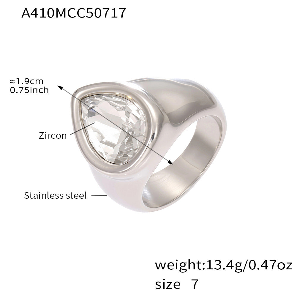 Silver ring with zircon, labeled with measurements and material details on a white background.