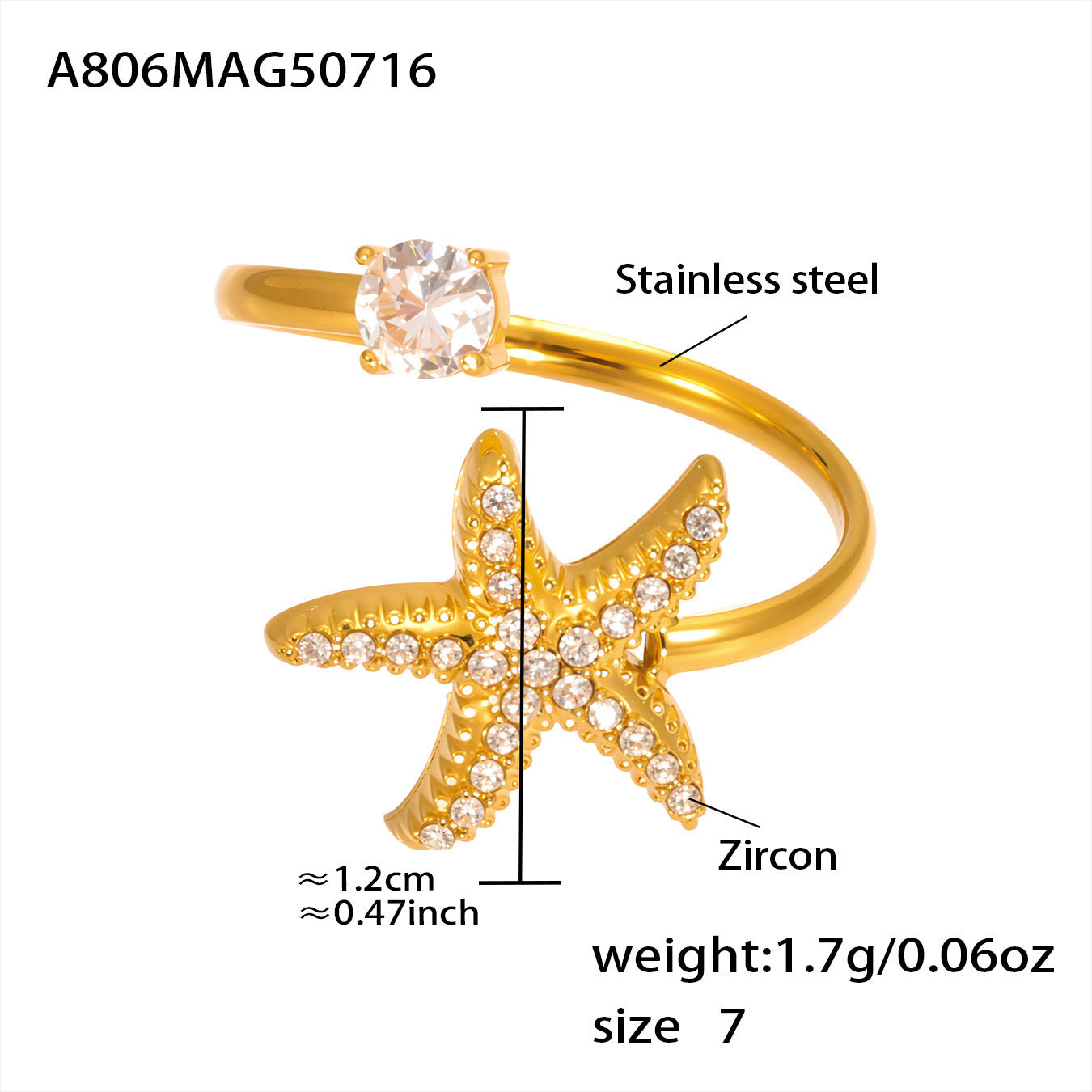 Gold starfish ring with zircon stones and measurement details on a white background