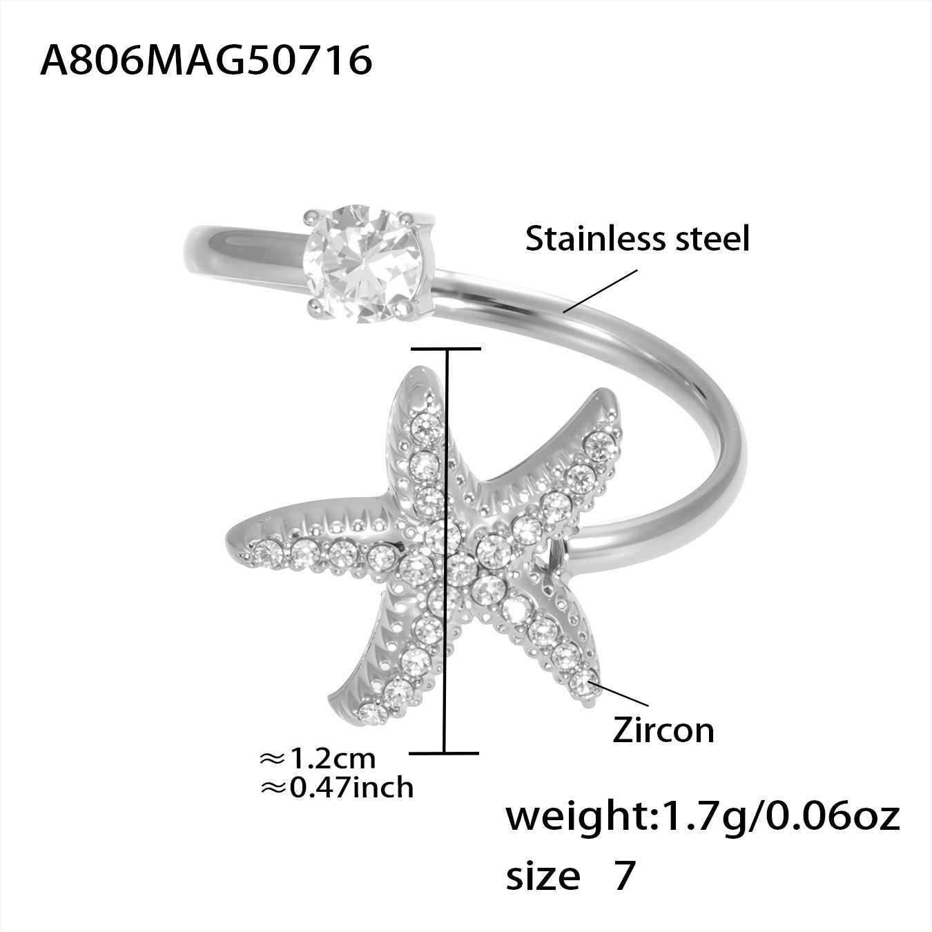 Starfish-shaped ring with zircon details on a white background