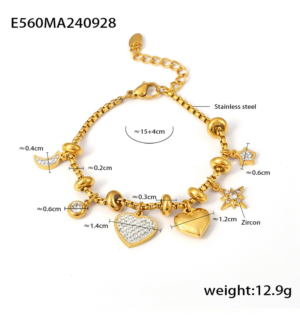 Gold heart charm tennis bracelet with sizing details displayed – perfect fit for everyday wear