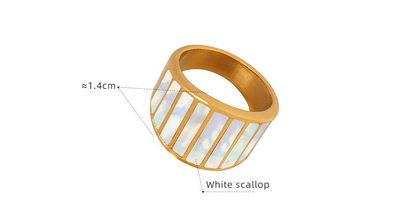 Adjustable gold ring with white scallop design, size and material details on white background – elegant accessory