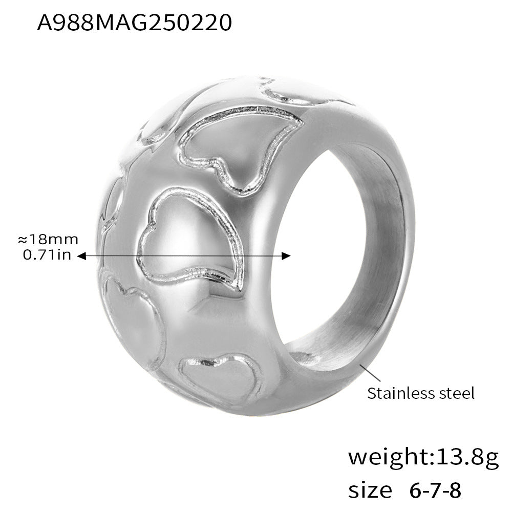 Adjustable silver ring with heart design and size measurements on white background – hypoallergenic jewelry