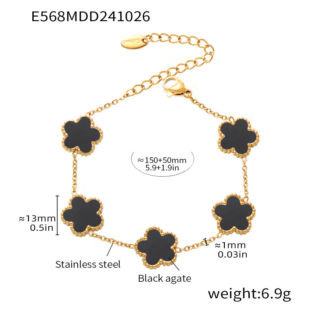 Product spec image of black agate beaded stainless steel bracelet with tennis-inspired design