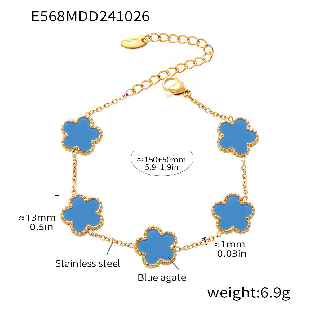 Product specifications image for blue agate beaded tennis bracelet with gold stainless steel chain