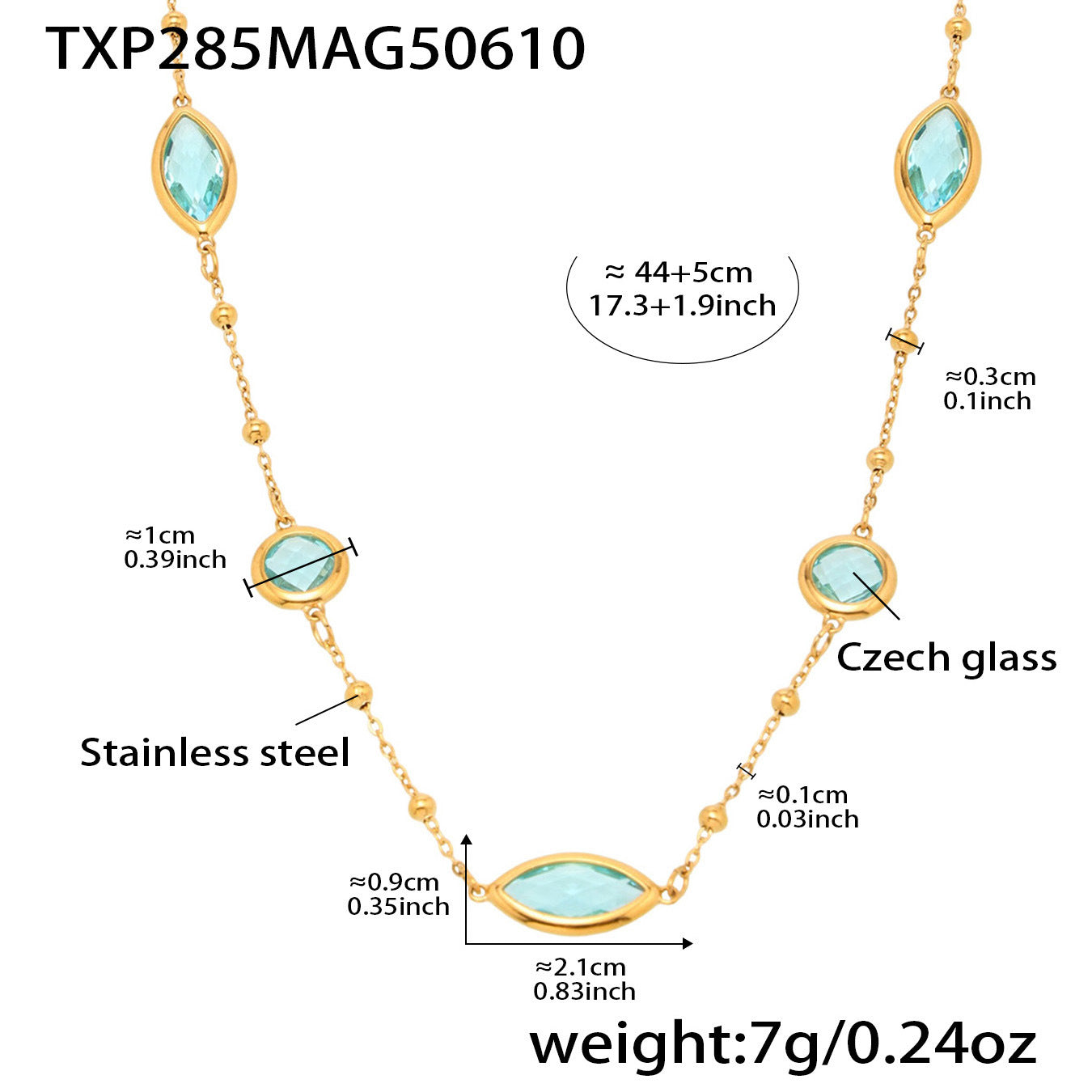 Size guide of blue sea glass necklace on flat surface