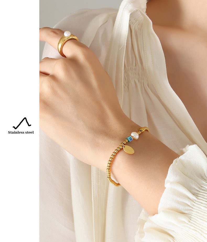 Freshwater Pearl and Round Steel Bead Bracelet
