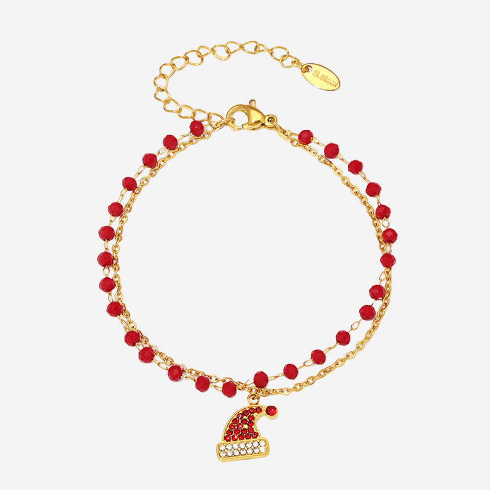 Stainless Steel Zircon Christmas Hat Pendant Garnet Double Necklace