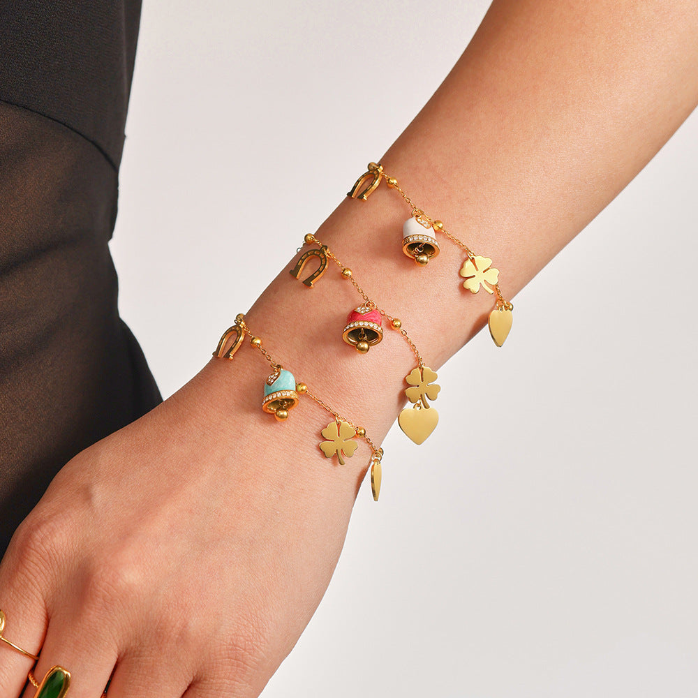 Colored Glaze Bell Heart Charm Bracelet Stainless Steel
