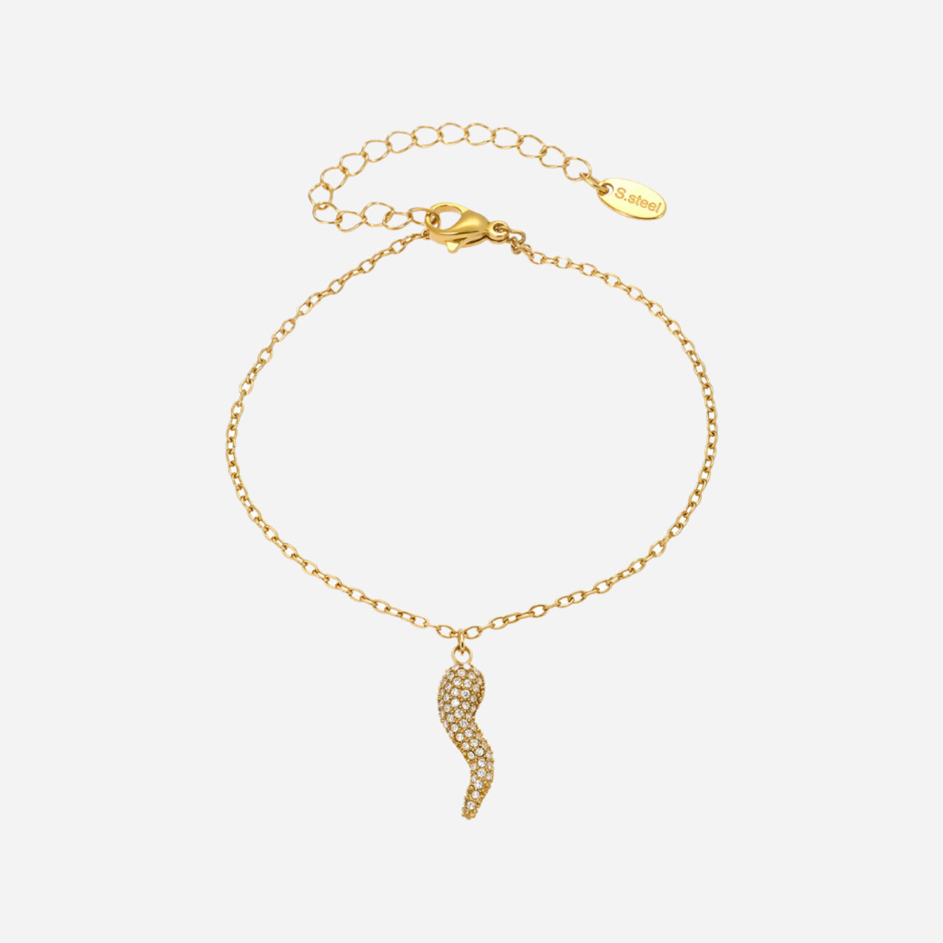 Gold bracelet with a wavy pendant on a white background