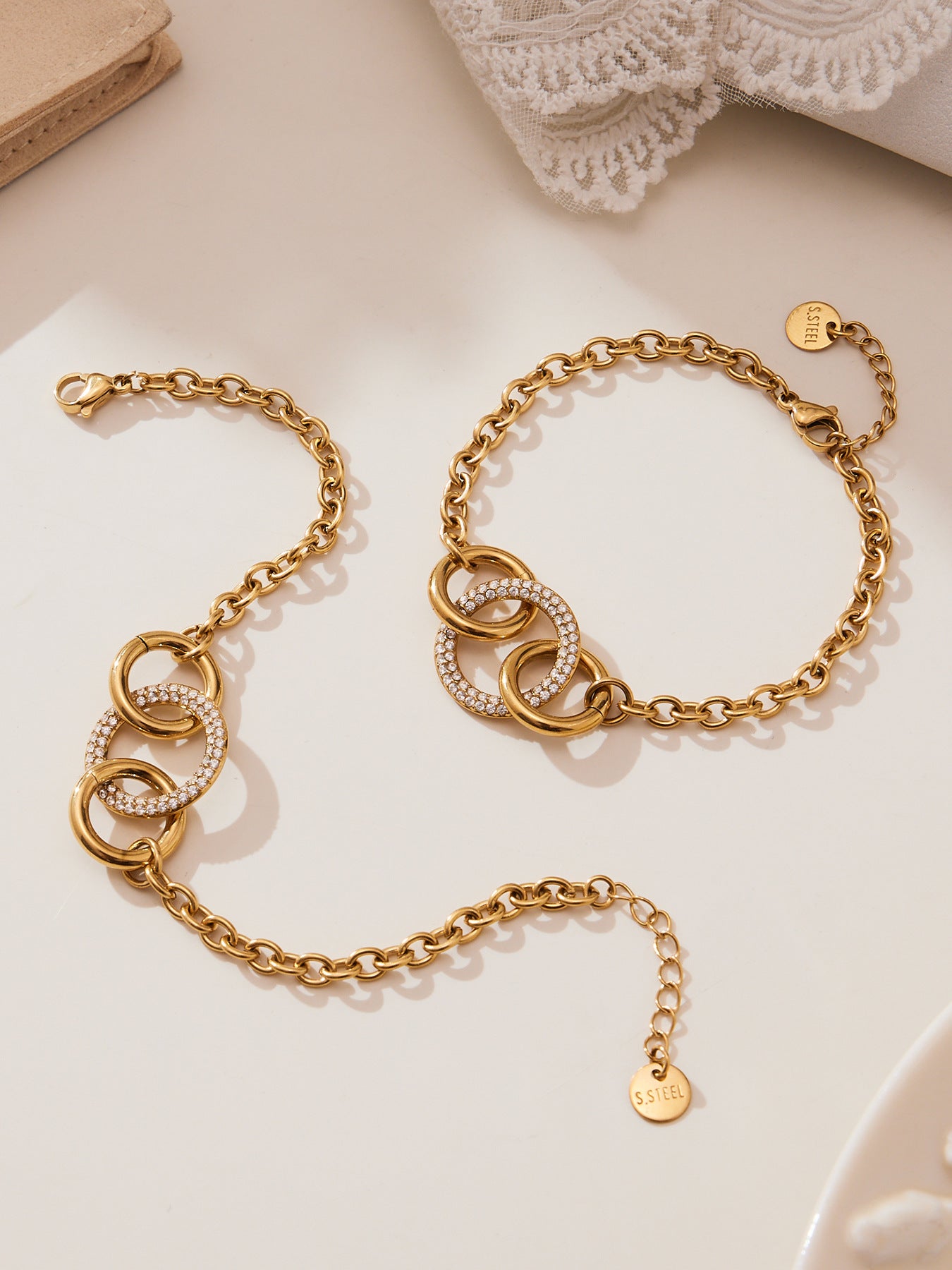 Stainless Steel Zircon Hoop Hand-Stitched Bracelet Gold Color