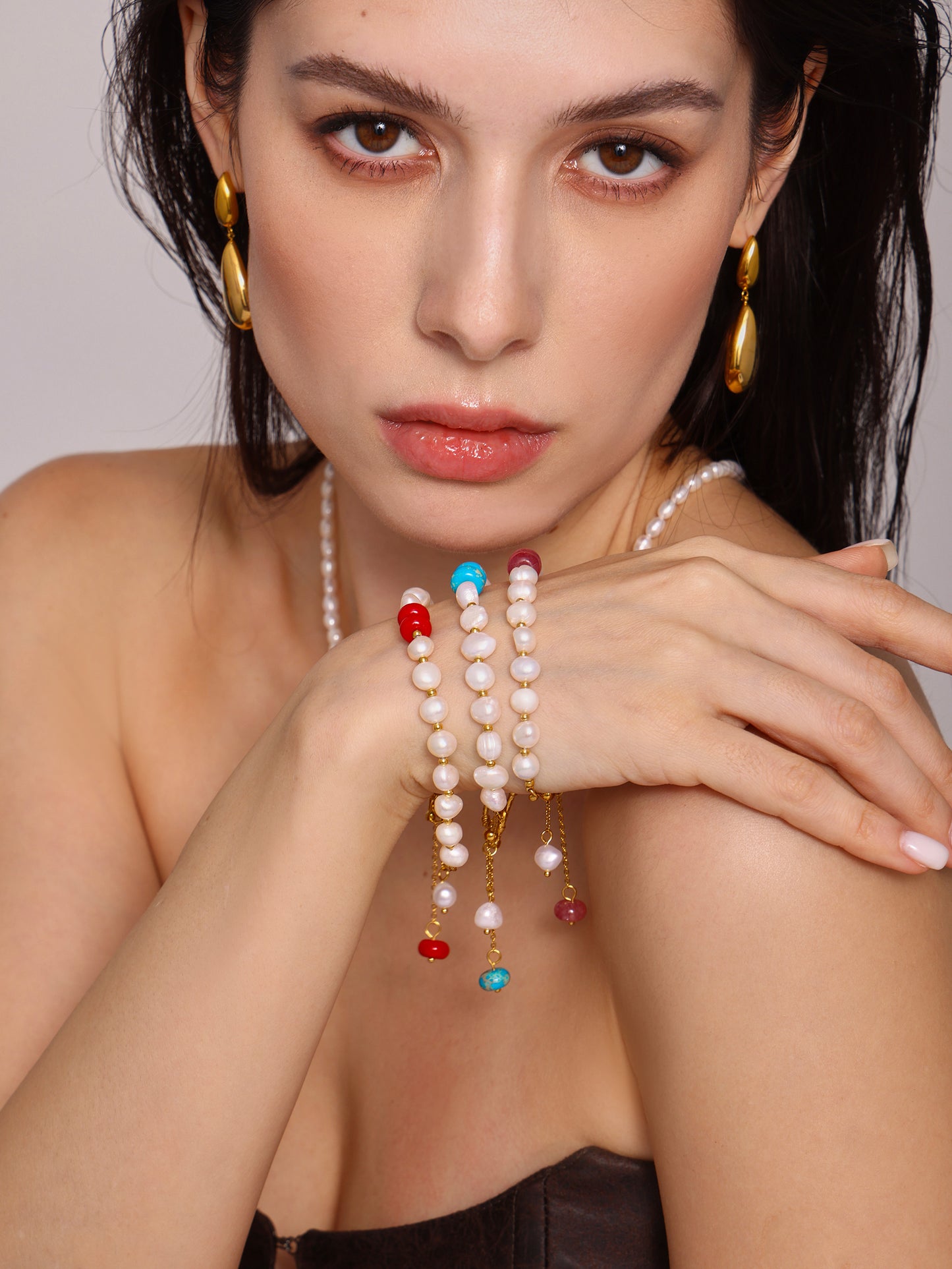 Elegant Freshwater Pearl Bracelet with OT Clasp & Tassel | Natural Stone Accent