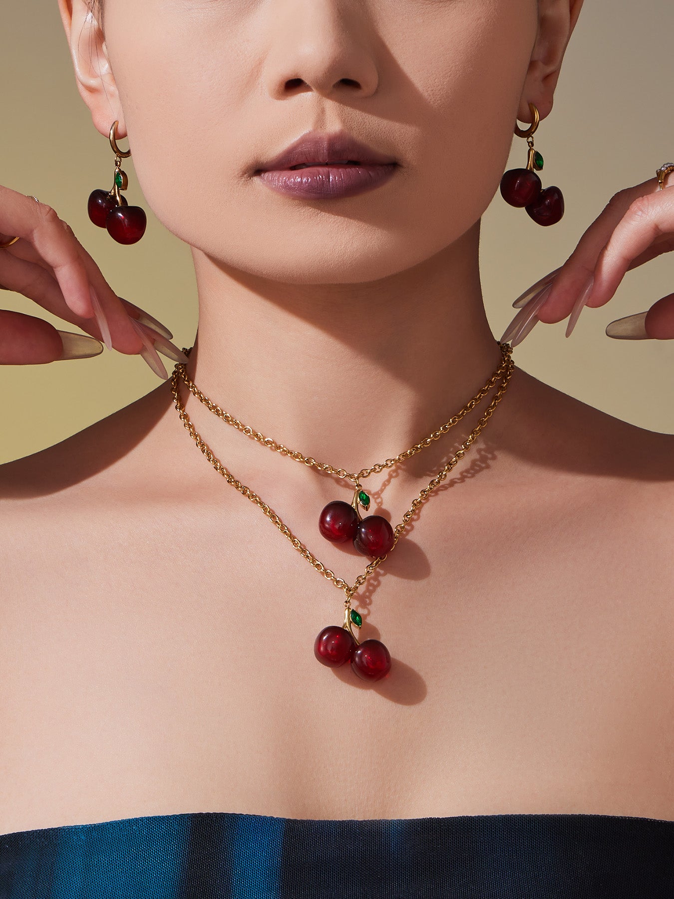 Cherry Allure Stainless Steel Resin Zircon Necklace