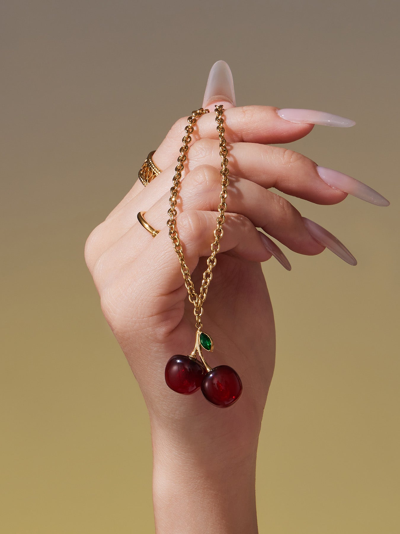 Cherry Allure Stainless Steel Resin Zircon Necklace