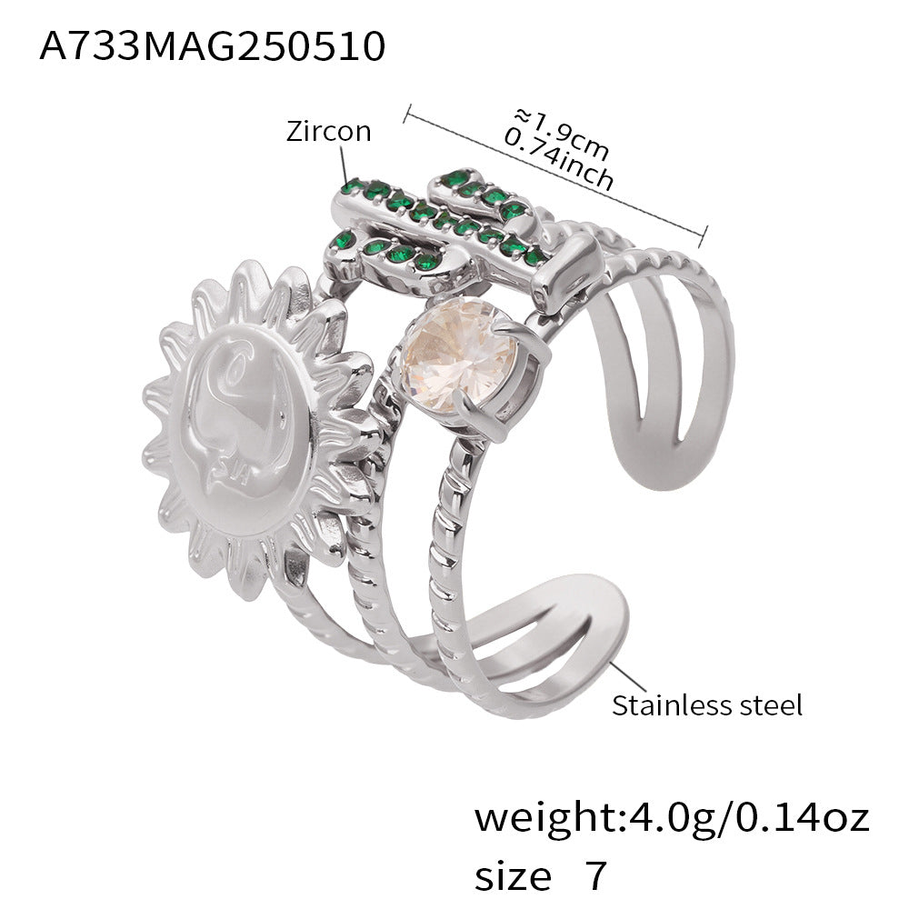 Silver chunky ring with zircon stones and detailed measurements on a white background.