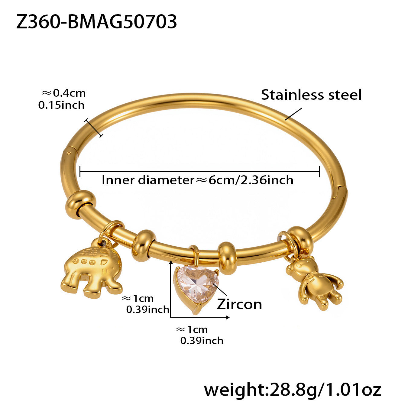 Top view of tennis-style gold bracelet with charms and dimension chart
