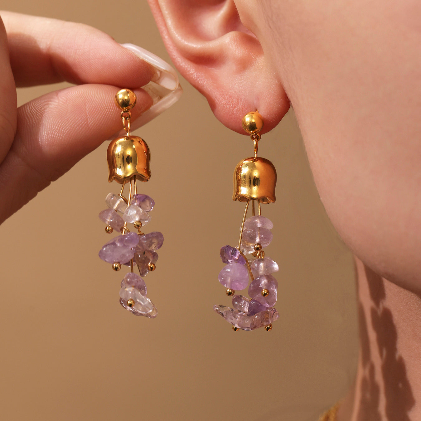 Natural Amethyst Tassel Stainless Steel Earrings