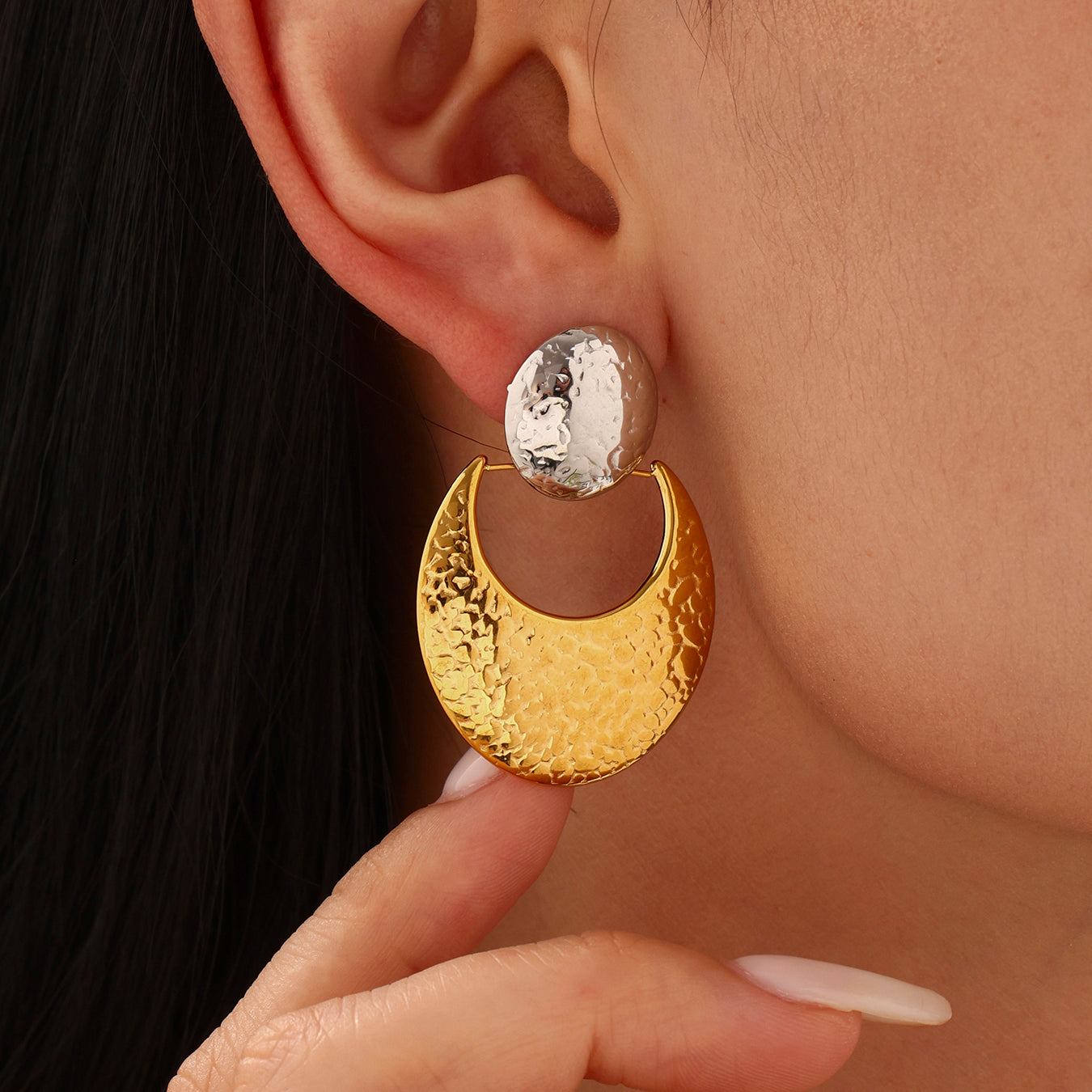 Moon Shaped Hammered Stainless Steel Earrings