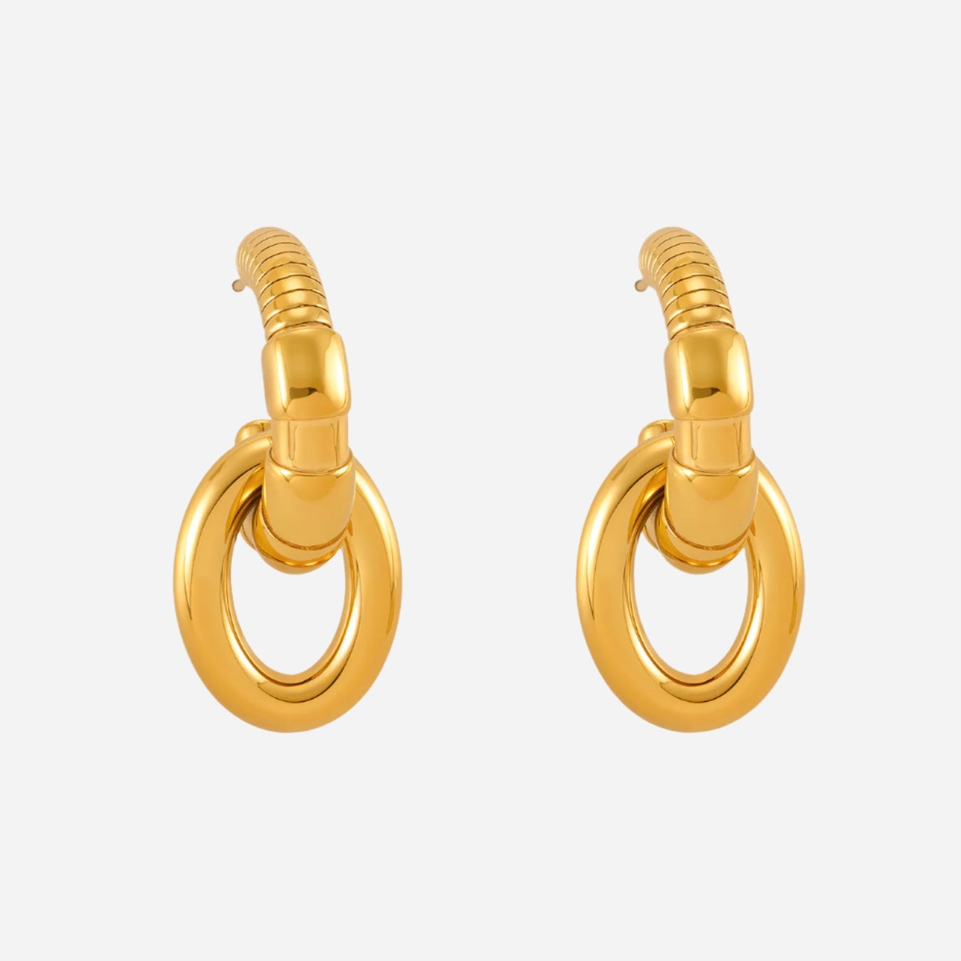 Pair of gold hoop earrings on a white background