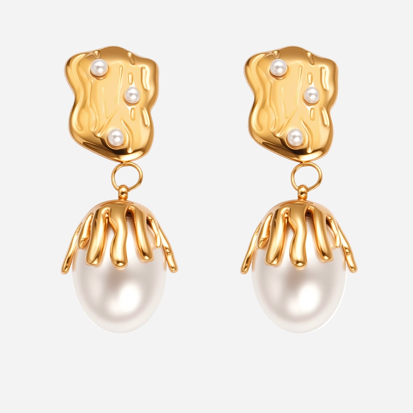 18k Real Gold Shaped Baroque Imitation Pearl Pendant Earrings