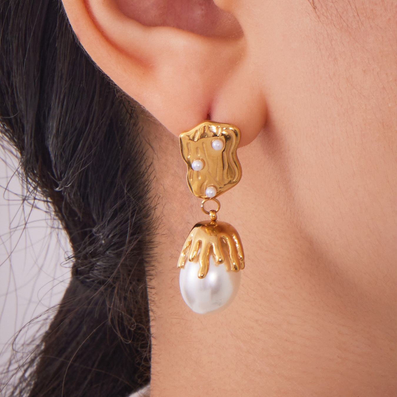 18k Real Gold Shaped Baroque Imitation Pearl Pendant Earrings