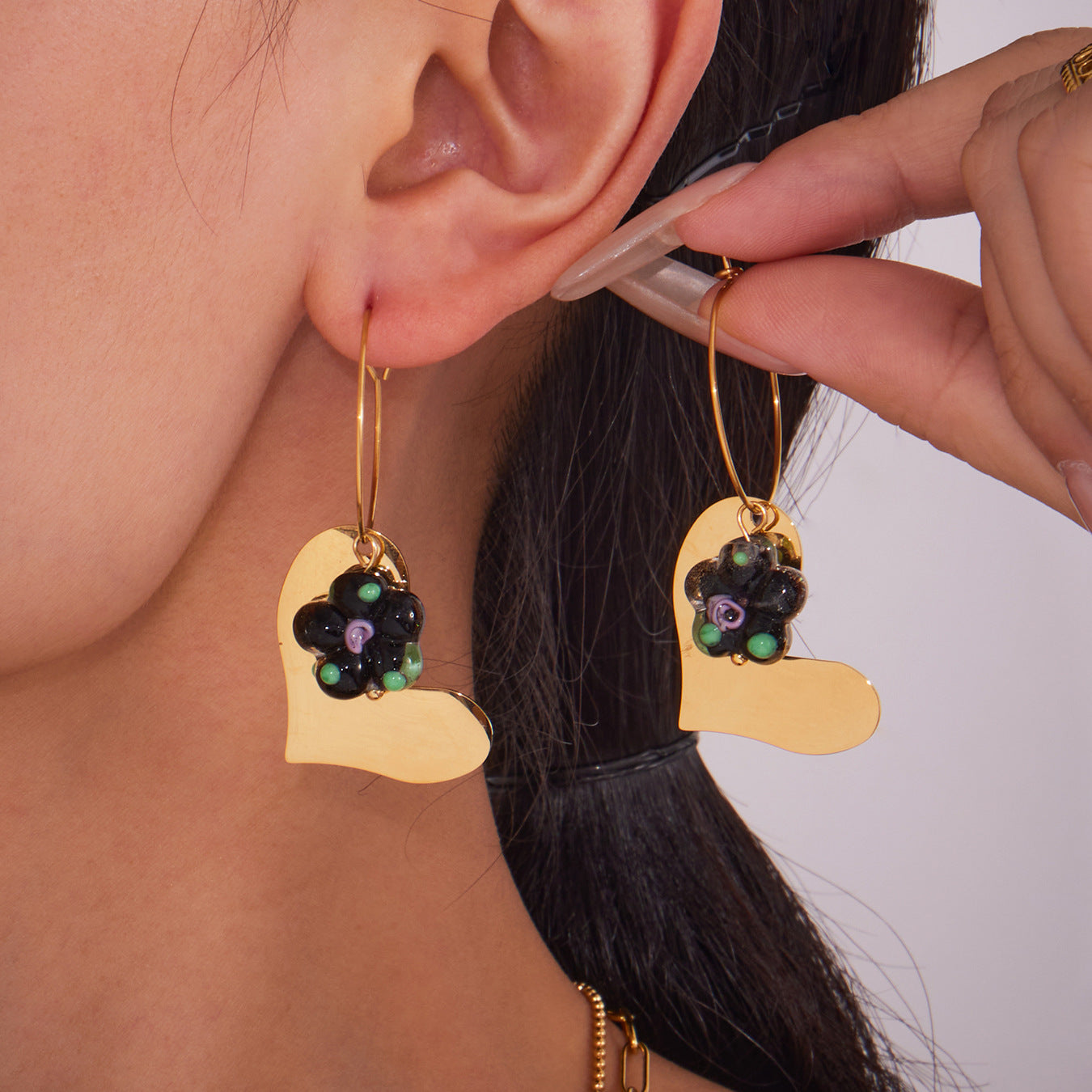 Glossy Heart Resin Flower Earrings PVD plated Stainless Steel