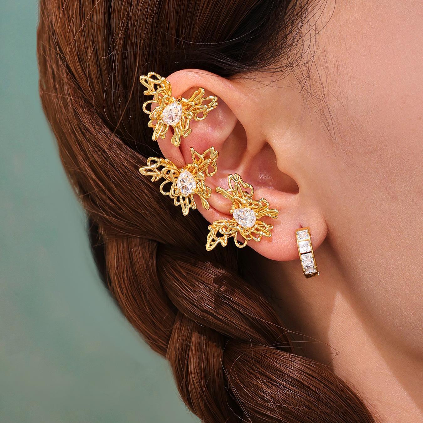 5A Zircon Butterfly Ear Clip Copper 18K Gold Plated
