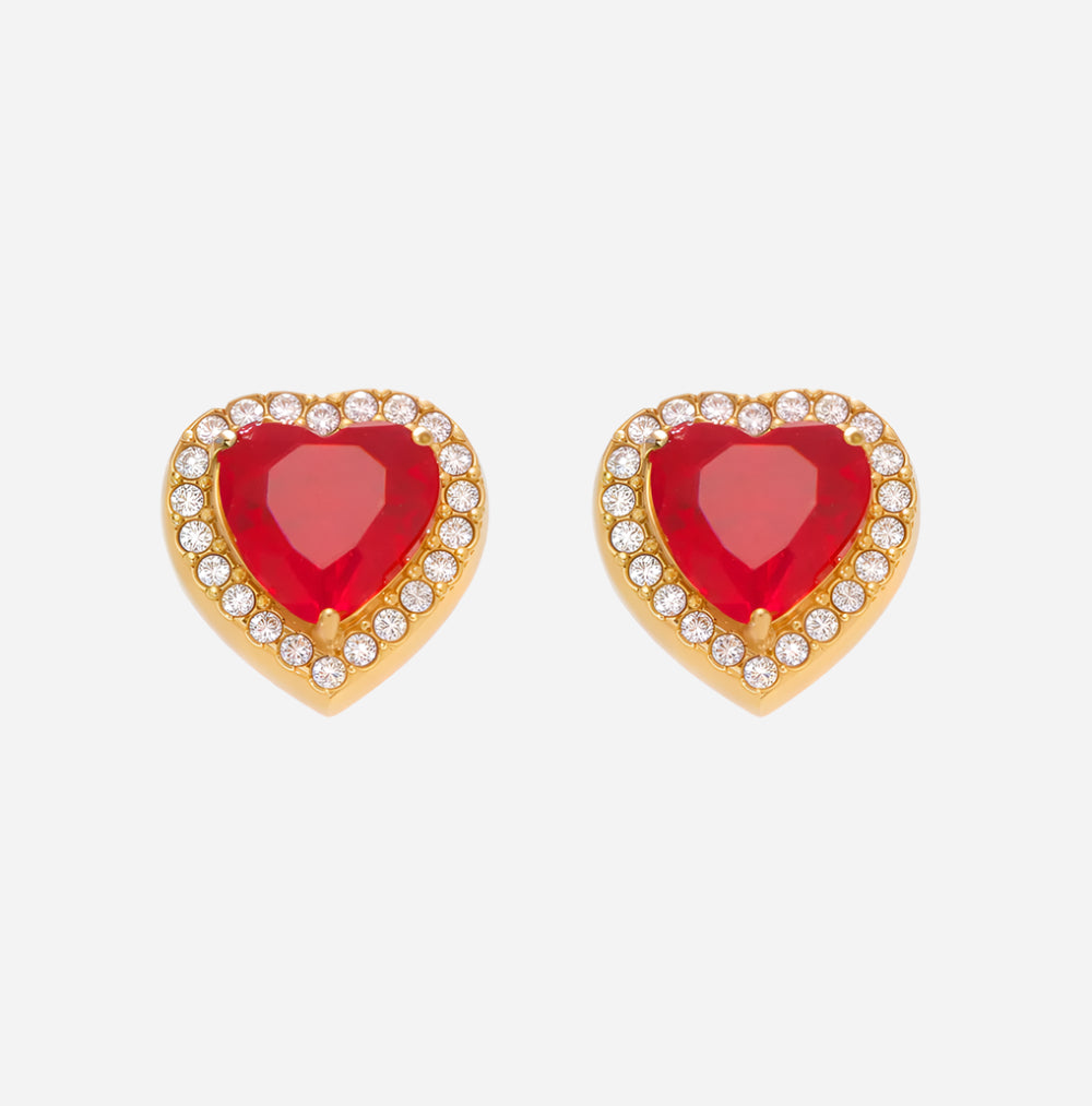 Starry Red Zircon Heart Earrings Stainless Steel