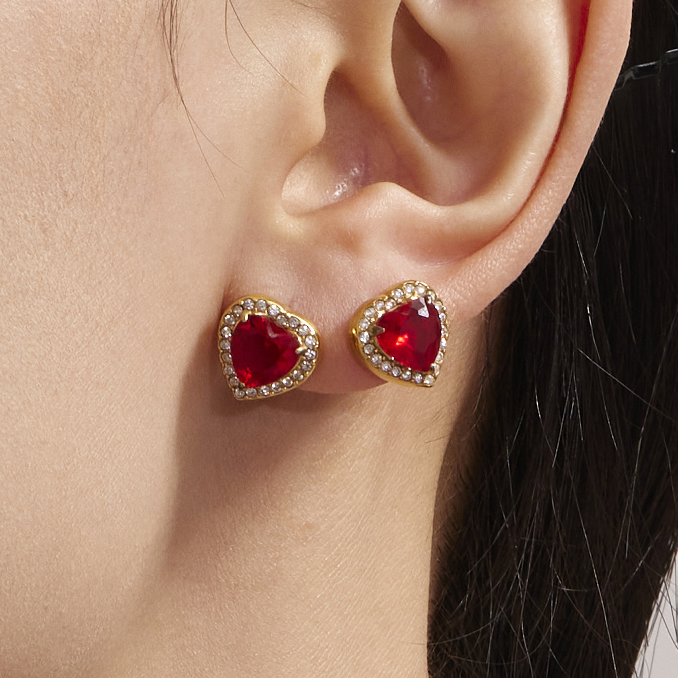 Starry Red Zircon Heart Earrings Stainless Steel