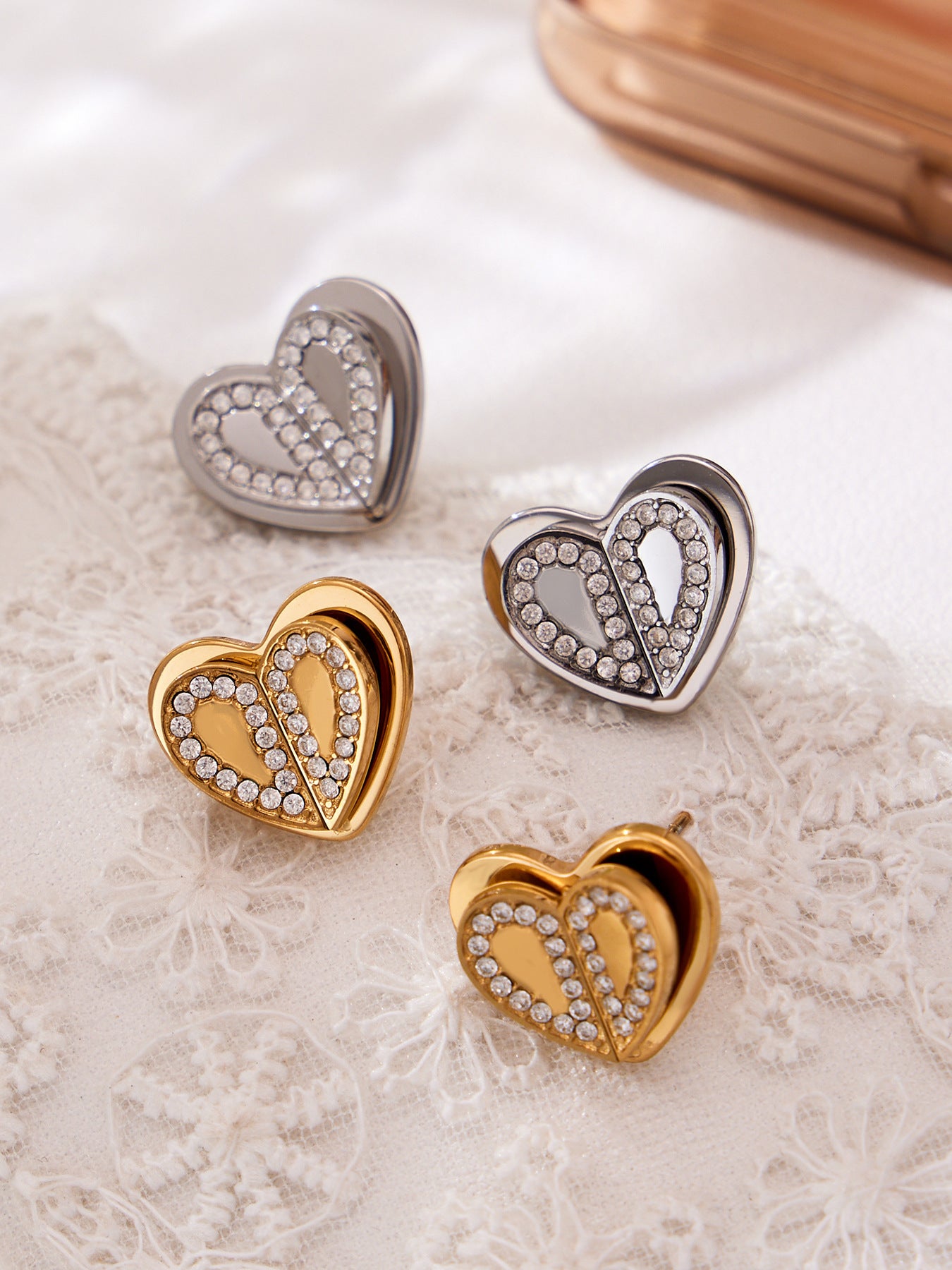Super Shiny 5A Zircon Three-dimensional Double-layer Heart Earrings