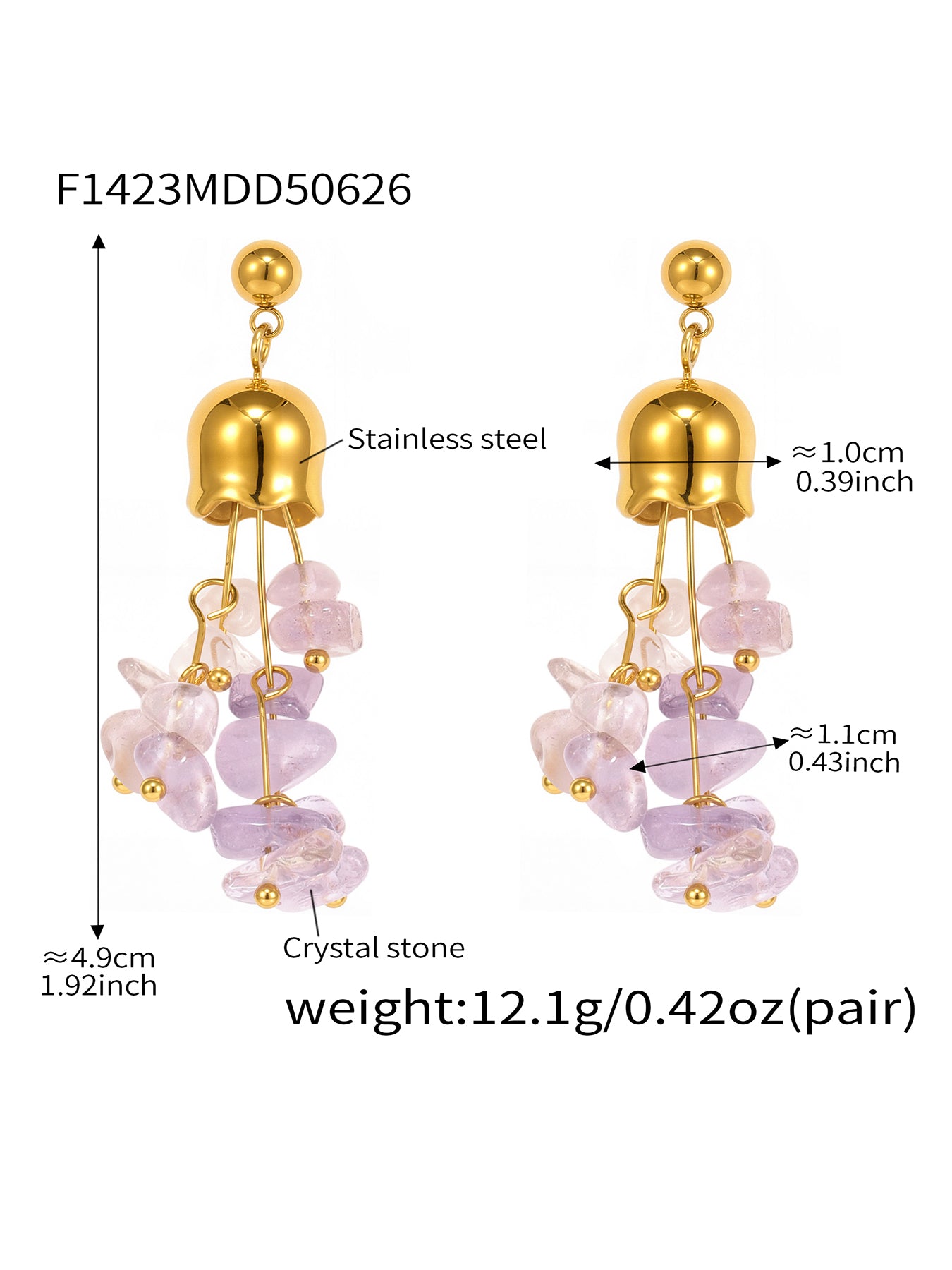 Natural Amethyst Tassel Stainless Steel Earrings