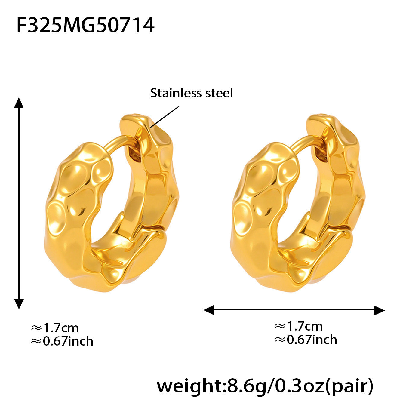 Gold hoop earrings with measurements and material details on a white background