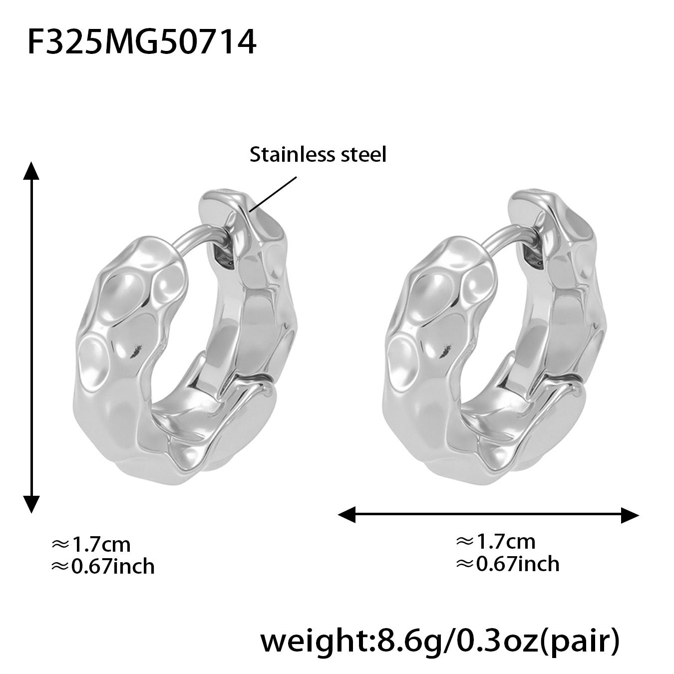 Silver hoop earrings with measurements and material information on a white background