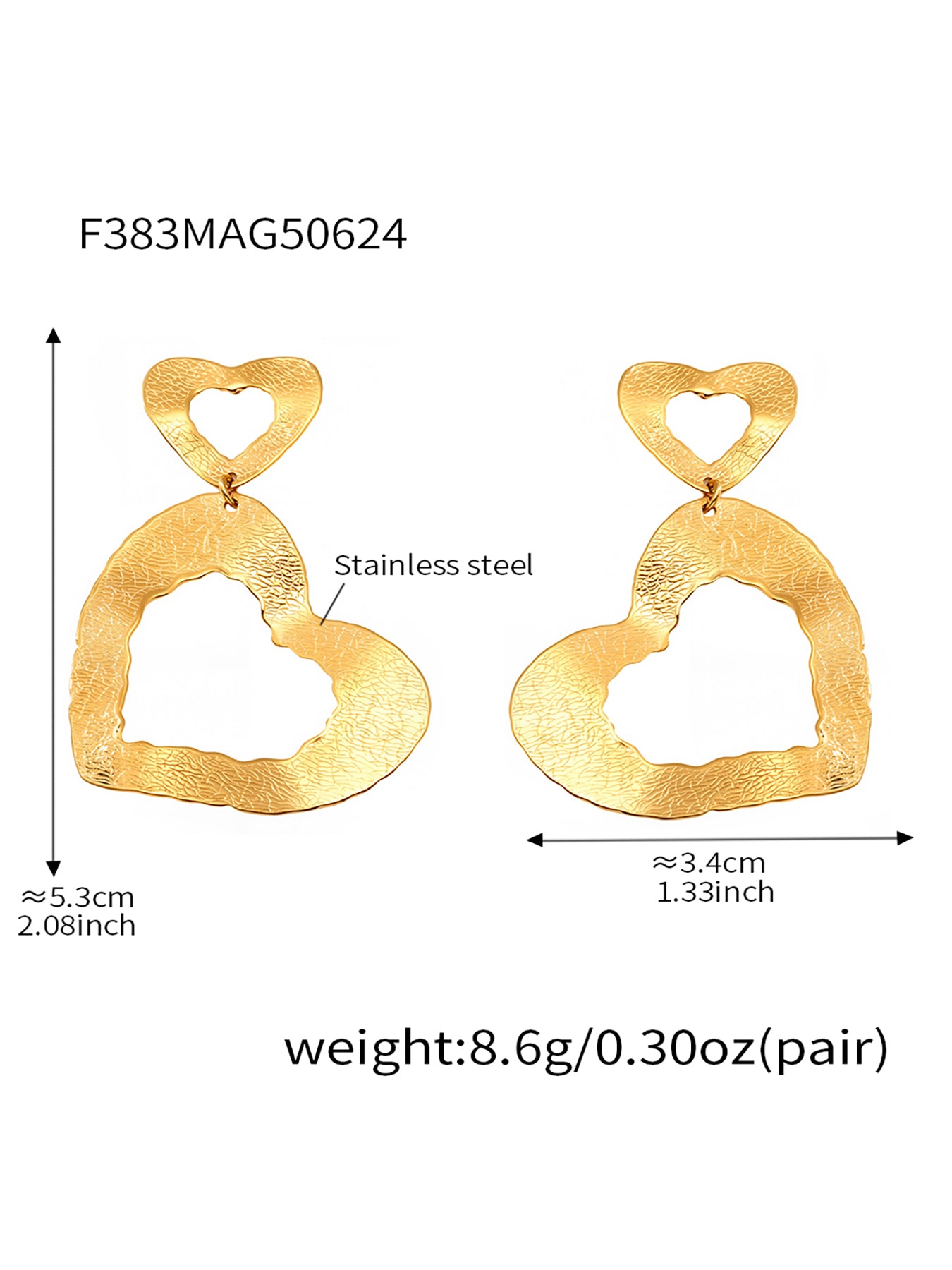 Pendientes de doble corazón de acero inoxidable dorado