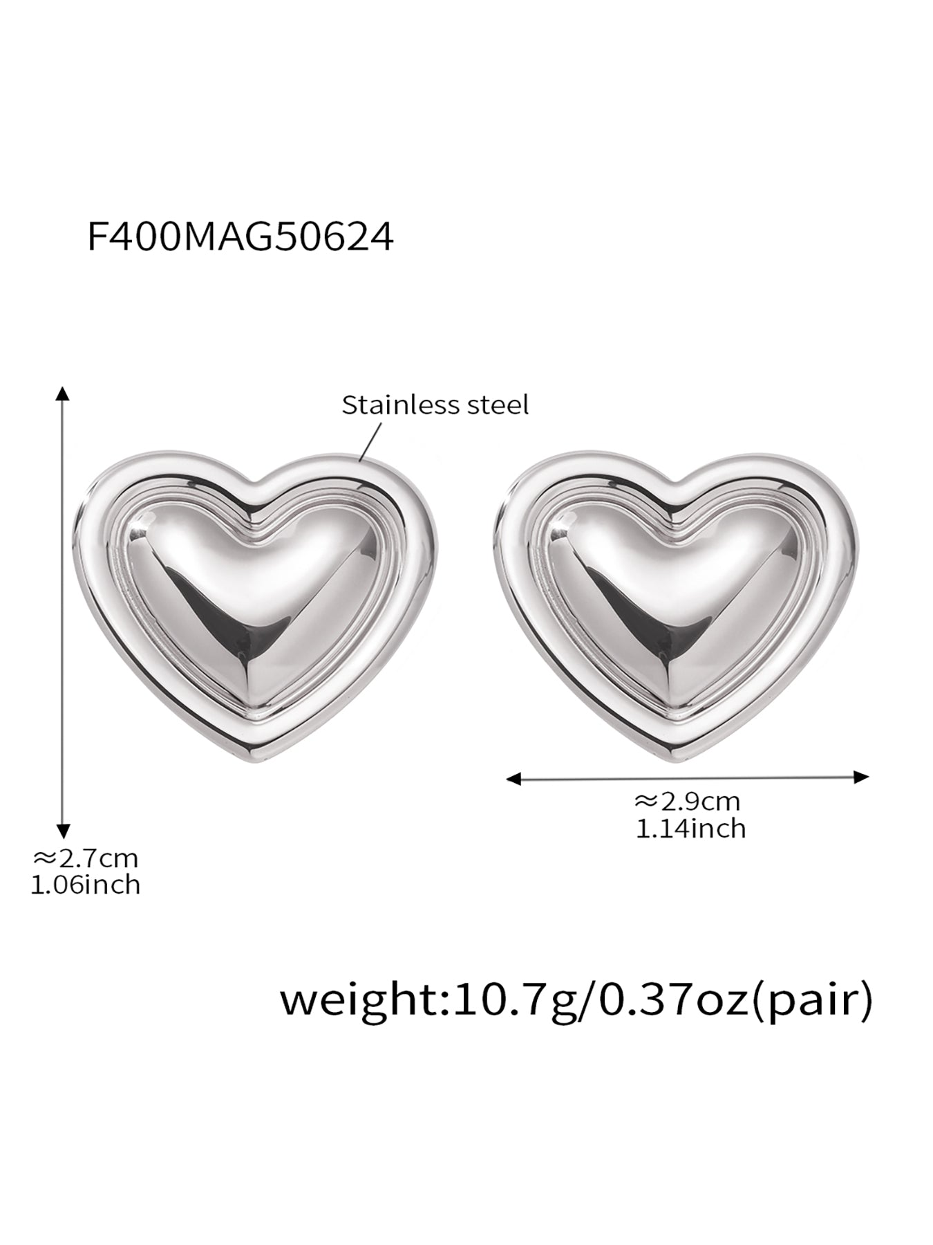 Size and weight diagram for the silver puffy heart stud earring