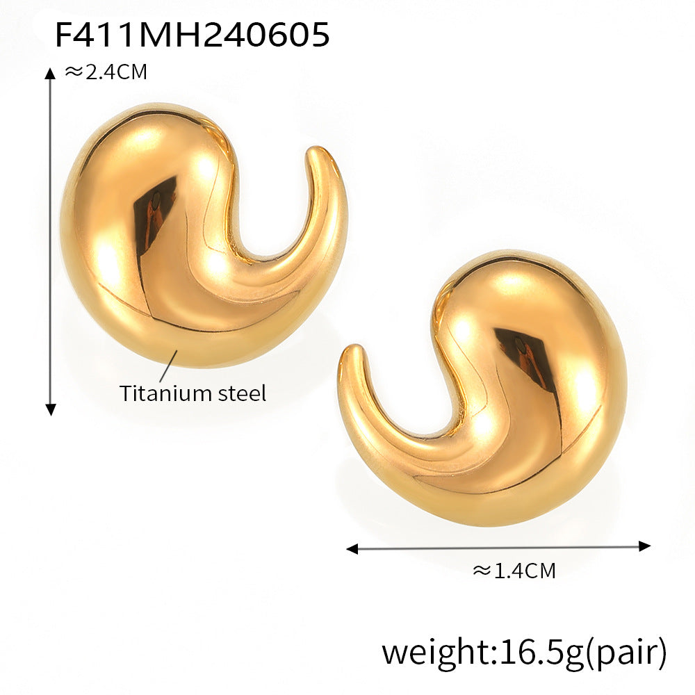 Gold earrings with measurements and material information on a white background