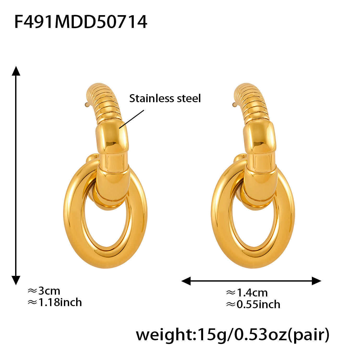 Gold hoop earrings with measurements and material details on a white background
