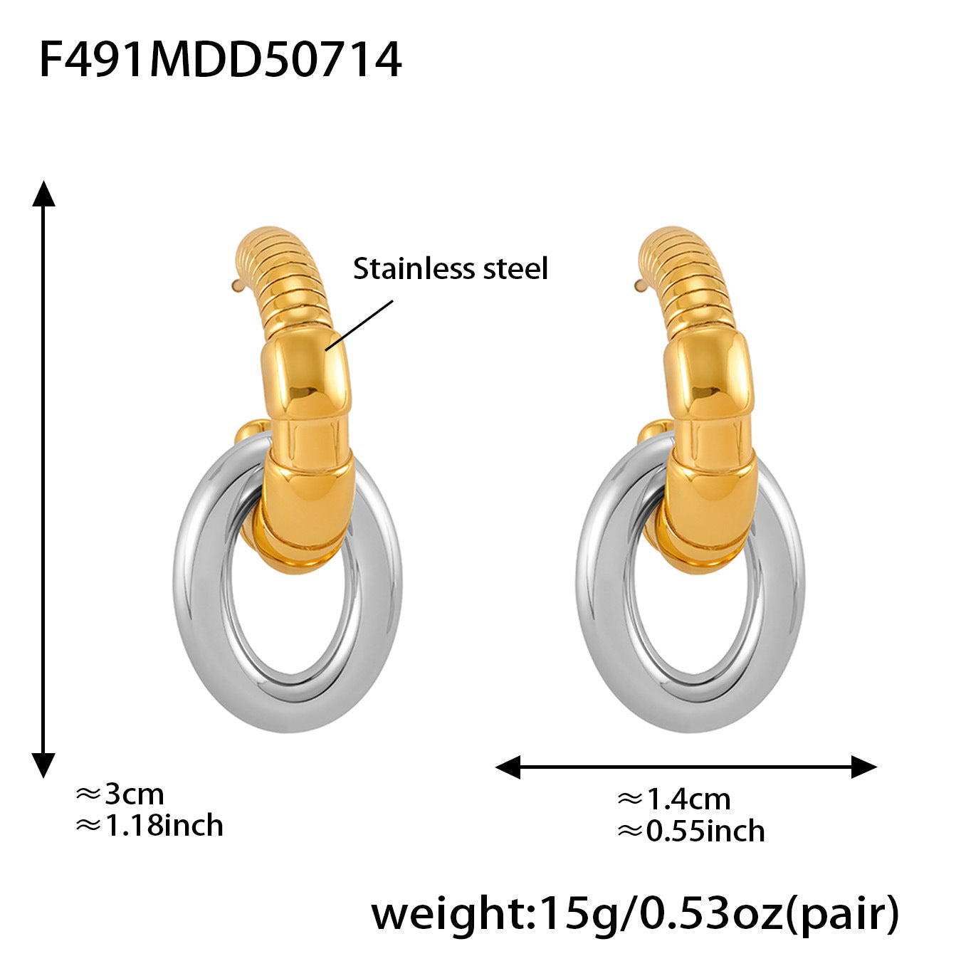 Gold and silver hoop earrings with measurements and weight information on a white background.