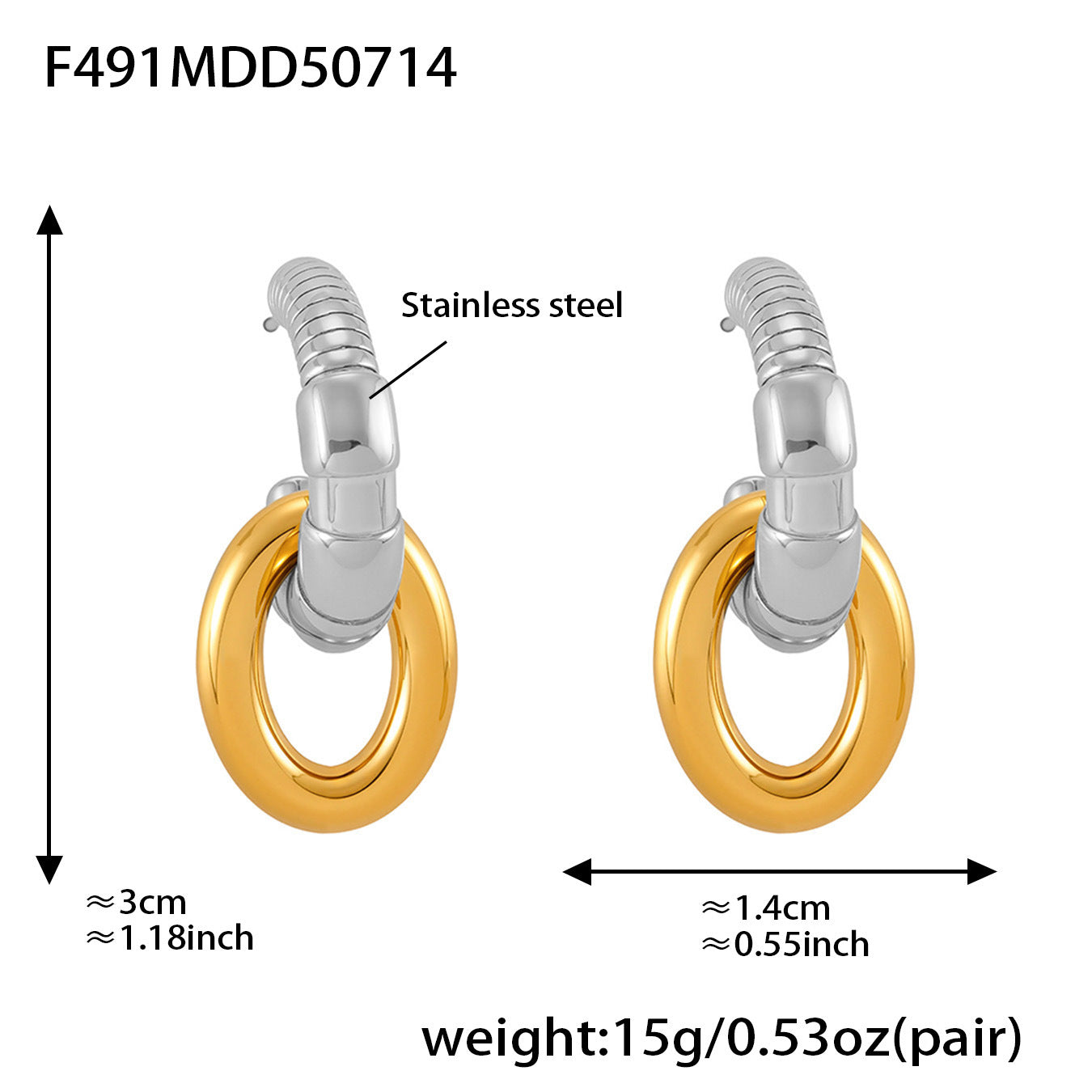 Pair of hoop earrings with gold and silver design, labeled 'Stainless steel', shown with measurements and weight information.