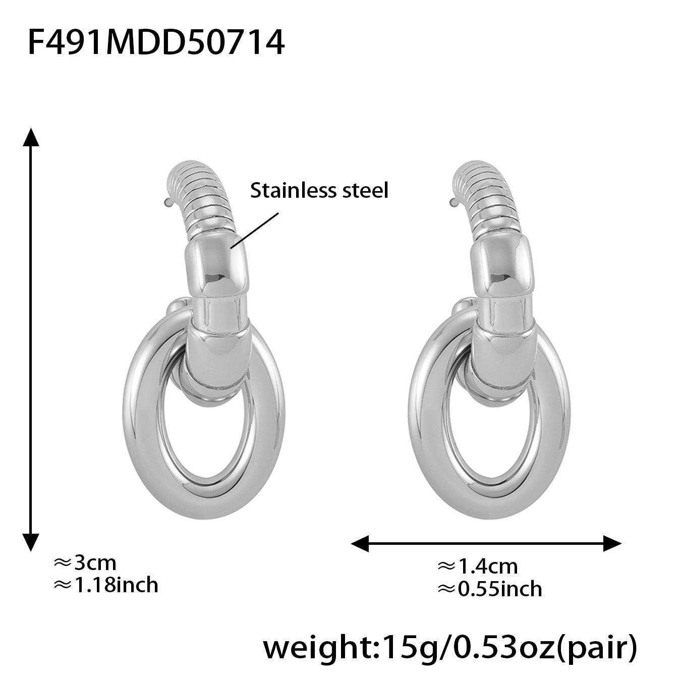 Silver hoop earrings with measurements and material information on a white background
