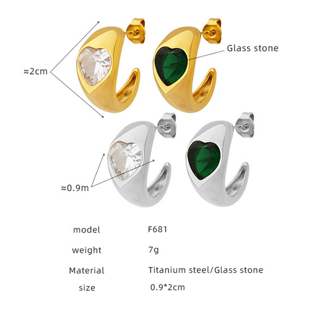 Green White Heart Stud Stainless Steel Earrings