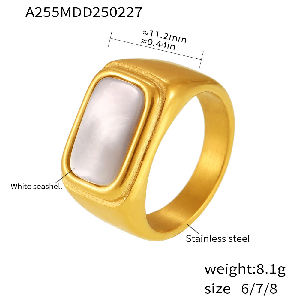 Adjustable gold stainless steel ring with white seashell inlay and size dimensions