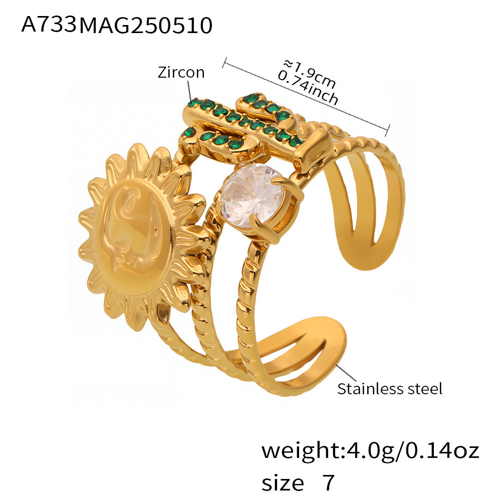 Gold chunky silver ring with sun design, zircon stones, and stainless steel components, with measurements and weight details.
