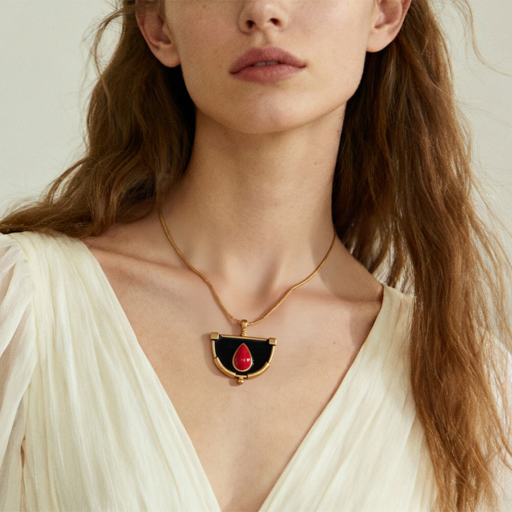 Gold Necklace with Black and Red Pendant
