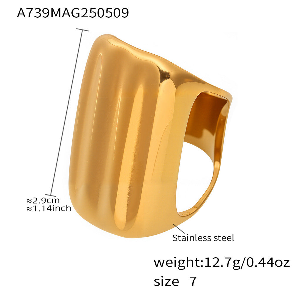 Gold stainless steel ring displayed with measurements and weight details on a white background.